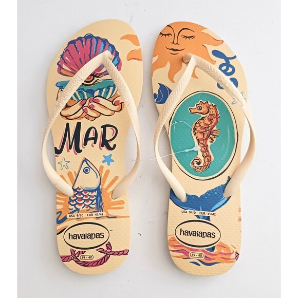 NWT Havaianas Flip Flop Yellow Sea /Sol Beach Print Insole US 9 EU 40 - Picture 10 of 10